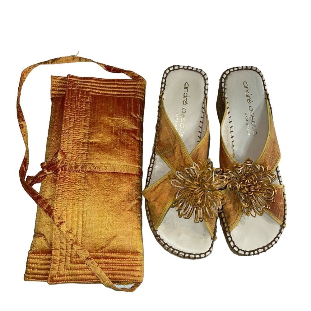 Andre Assous Womens Tote Shoulder Bag And Sandal Size 10 Beige Silk